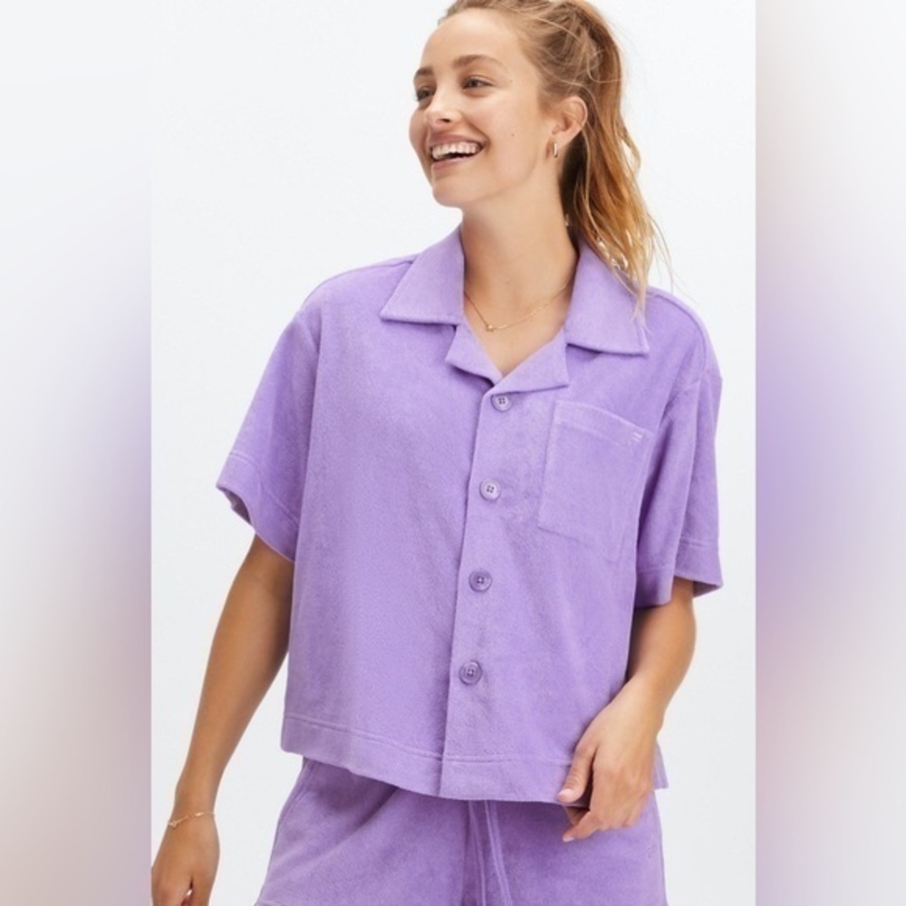 Fabletics Wild Wisteria Purple Island Terry Boxy Button Up Short Sleeve Shirt 3X